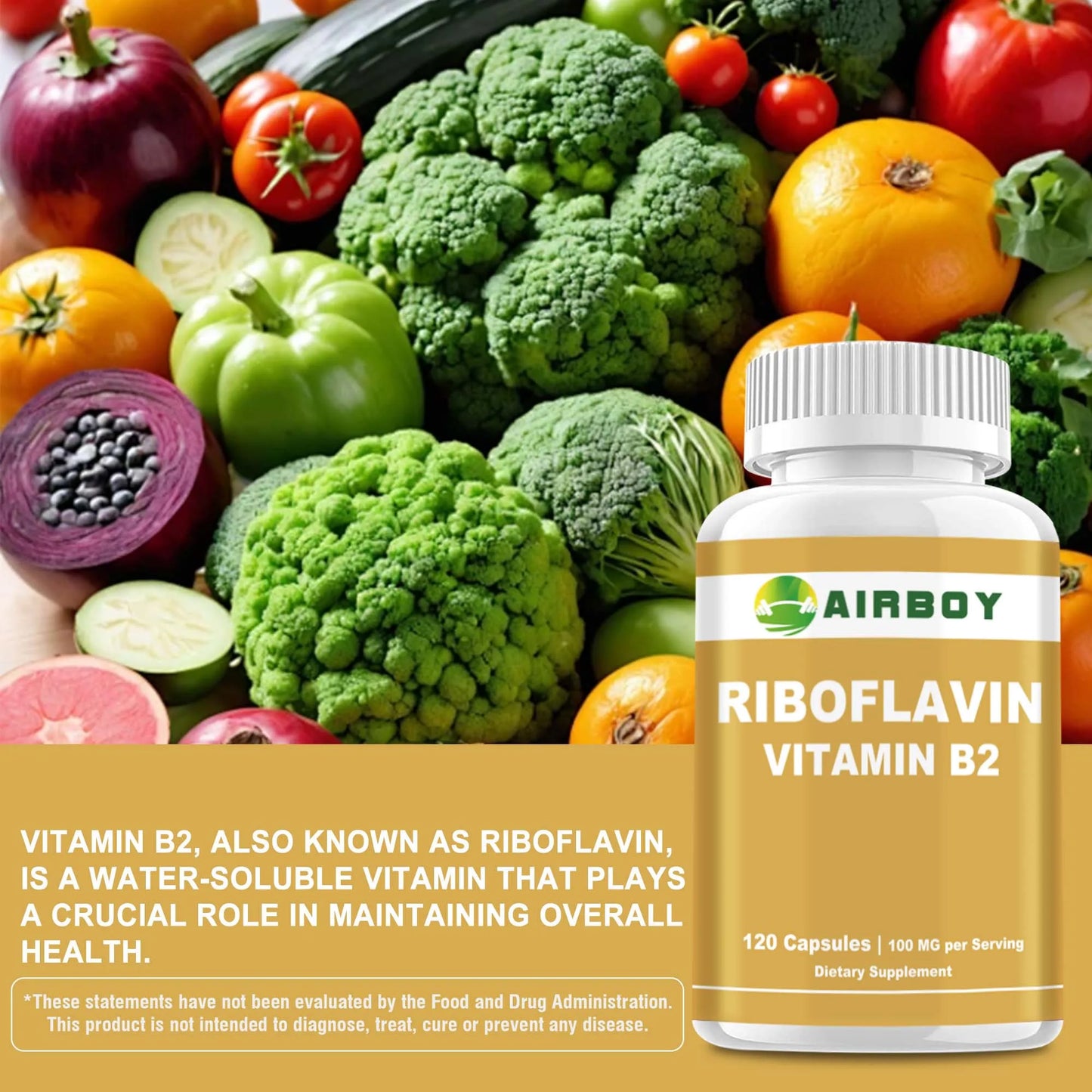 Riboflavin Vitamin B2 - Promotes Cellular Energy Production, Supports Skin Health - 120 Capsules