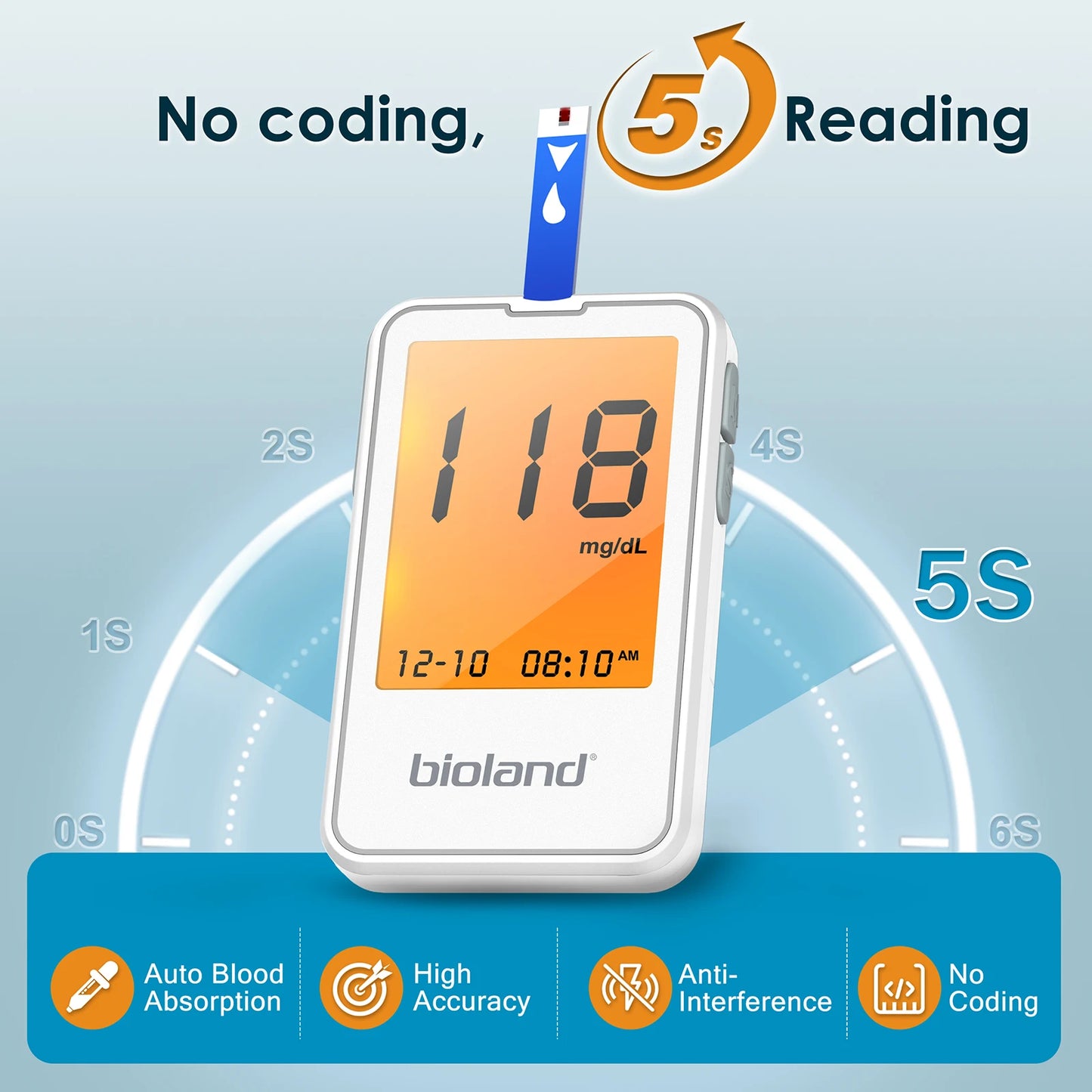 bioland G-425-3 Blood Glucose Meter with Test Strips Diabetes Glucometer Blood Sugar Monitor for Diabetic Medical Diabetes Test