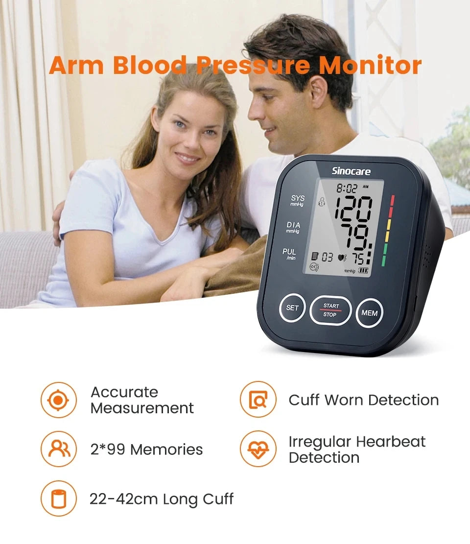 Sinocare Upper Arm Automatic Blood Pressure Monitor Portable Digital BP Sphygmomanometer Pressure Meter Tonometer