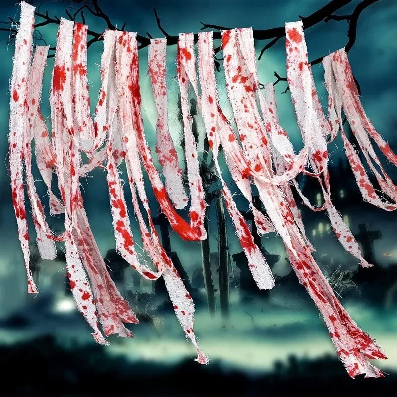 25/3m Halloween Bloody Cloth Strips Blood Gauze Bandage Haunted House Warning Isolation Belt Home Horror Party Scene Decor Props