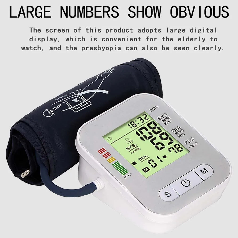 BP Sphygmomanometer English Voice Blood Pressure Monitor Upper Arm Automatic Tonometer Blood Pressure Meter LCD & Cuff Medical