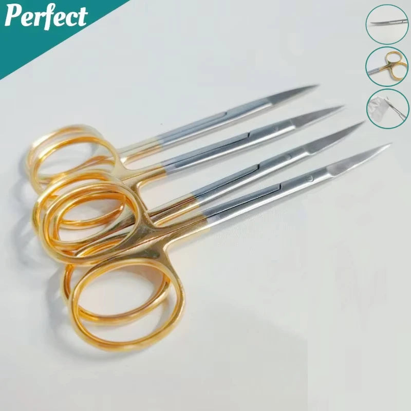 5PcDental Surgical Scissors Straight/Curved Tip11.5cm Stainless Steel Gold Plated Handle Dentistry Lab Medical Orthodontic Tools