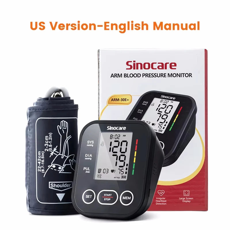 Sinocare Upper Arm Automatic Blood Pressure Monitor Portable Digital BP Sphygmomanometer Pressure Meter Tonometer