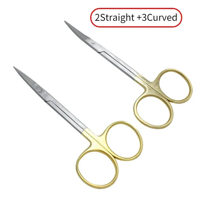 5PcDental Surgical Scissors Straight/Curved Tip11.5cm Stainless Steel Gold Plated Handle Dentistry Lab Medical Orthodontic Tools