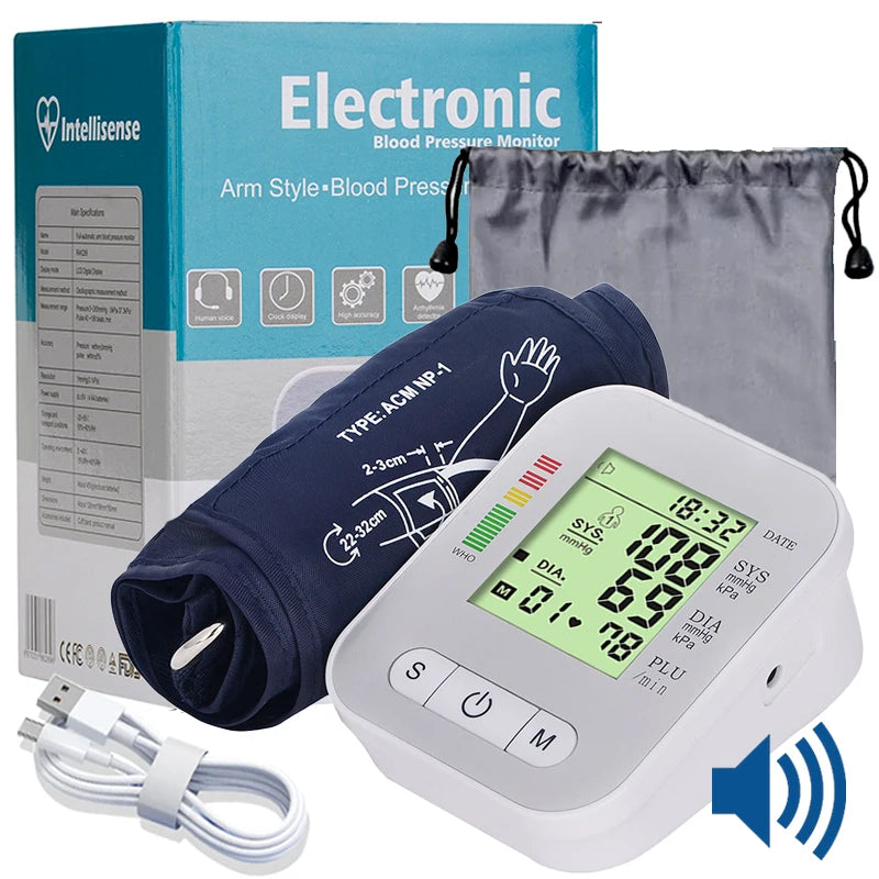 BP Sphygmomanometer English Voice Blood Pressure Monitor Upper Arm Automatic Tonometer Blood Pressure Meter LCD & Cuff Medical