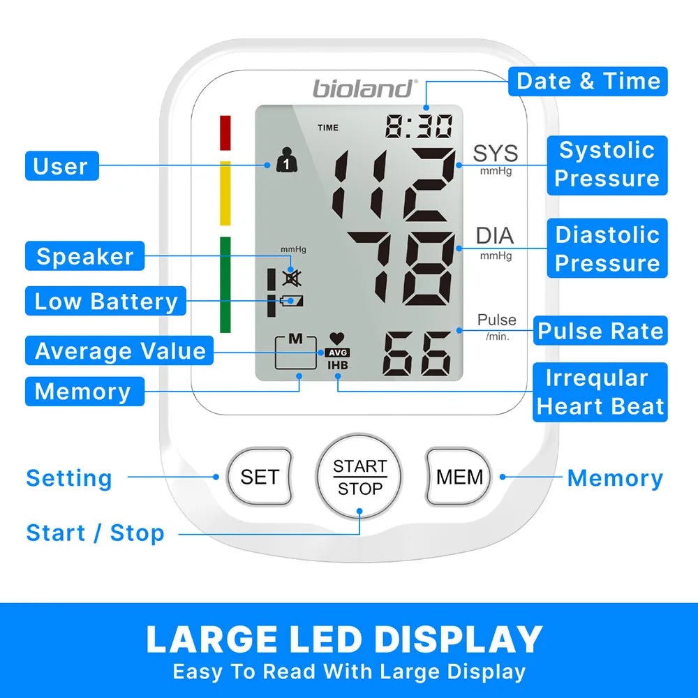 bioland 2008 Blood Pressure Monitor Tensiometer Upper Arm Automatic Digital BP Machine Heart Rate Monitor Backlight Blood Press