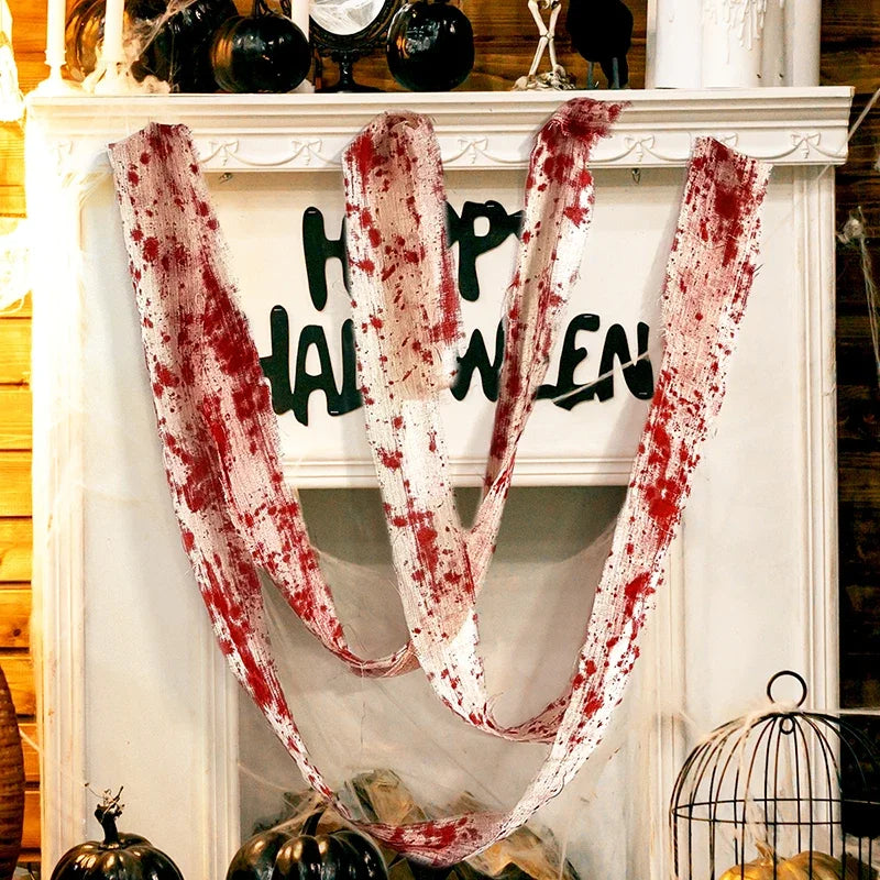 25/3m Halloween Bloody Cloth Strips Blood Gauze Bandage Haunted House Warning Isolation Belt Home Horror Party Scene Decor Props