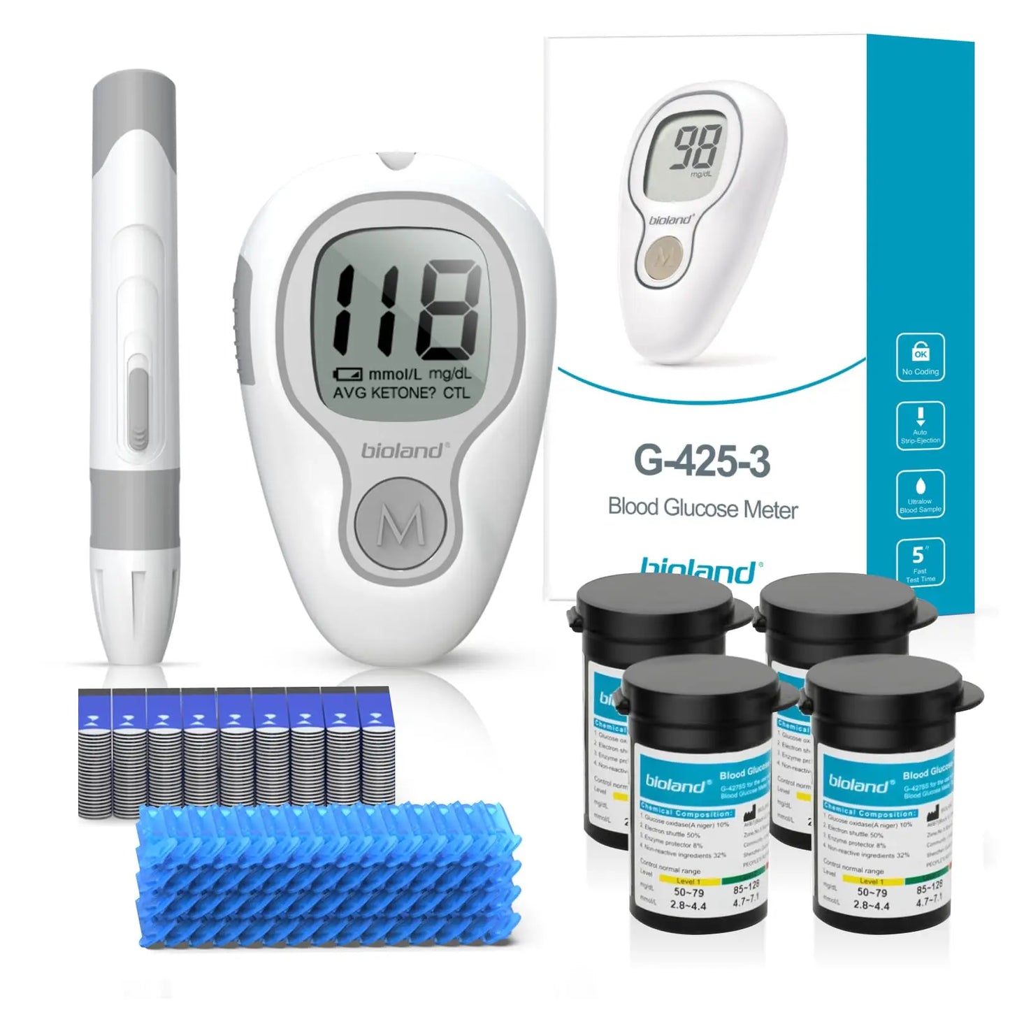 Blood Glucose Meter Glucometer Full Set Glucose Test Strips Medical Diabetes Blood Sugar Monitor Bioland G-425-3 Complete Kit