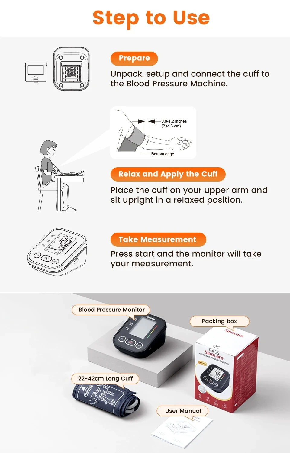 Sinocare Upper Arm Automatic Blood Pressure Monitor Portable Digital BP Sphygmomanometer Pressure Meter Tonometer