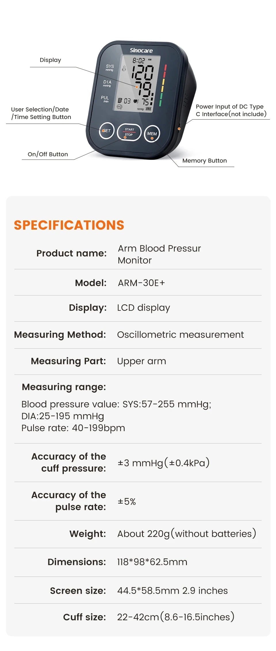 Sinocare Upper Arm Automatic Blood Pressure Monitor Portable Digital BP Sphygmomanometer Pressure Meter Tonometer