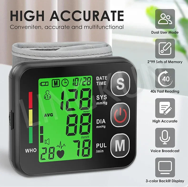Electronic Bp Monitors High Accurate BP Monitors English Voice Wrist Blood Pressure Monitor Tonometer Digital Sphygmomanometer