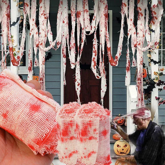 25/3m Halloween Bloody Cloth Strips Blood Gauze Bandage Haunted House Warning Isolation Belt Home Horror Party Scene Decor Props