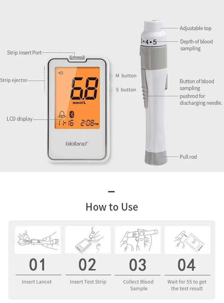 bioland G-425-3 Blood Glucose Meter with Test Strips Diabetes Glucometer Blood Sugar Monitor for Diabetic Medical Diabetes Test