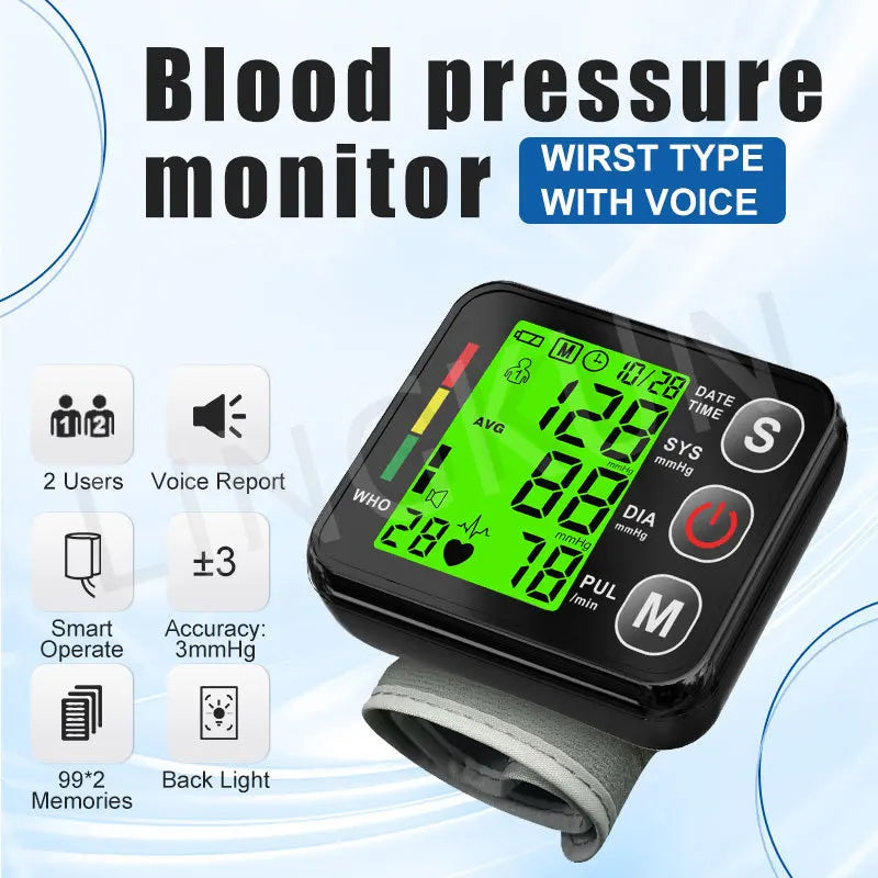 Electronic Bp Monitors High Accurate BP Monitors English Voice Wrist Blood Pressure Monitor Tonometer Digital Sphygmomanometer