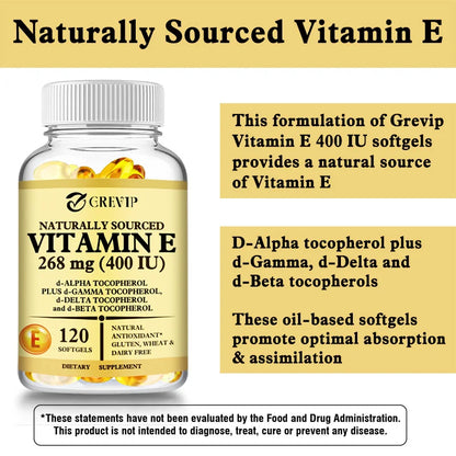 Vitamin E - Skin and Liver Health, Improves Blood Circulation, Protects Cells From Oxidative Stress - 120 Capsules