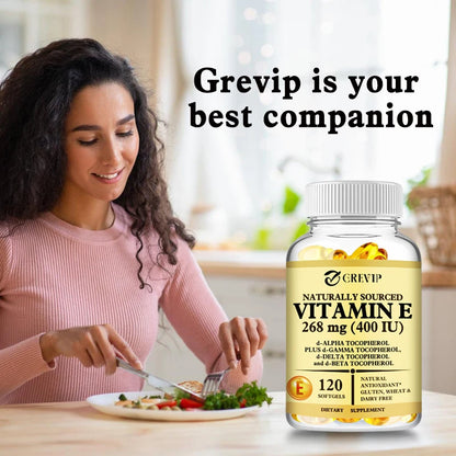 Vitamin E - Skin and Liver Health, Improves Blood Circulation, Protects Cells From Oxidative Stress - 120 Capsules