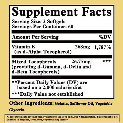 Vitamin E - Skin and Liver Health, Improves Blood Circulation, Protects Cells From Oxidative Stress - 120 Capsules